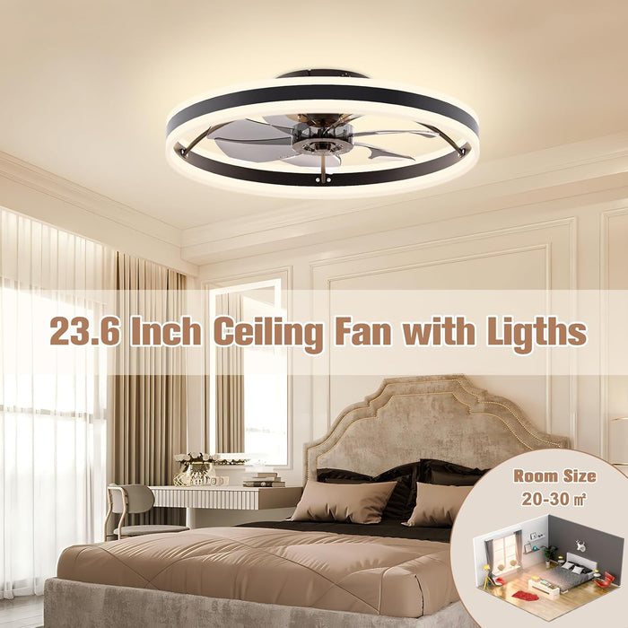 Low Profile Ceiling Fans with Lights and Remote, 23.6In Flush Mount Ceiling Fans with Light, 3000K-6500K Dimmable Fandelier LED Fan Light, Black Bladeless Ceiling Fans with Lights for Bedroom