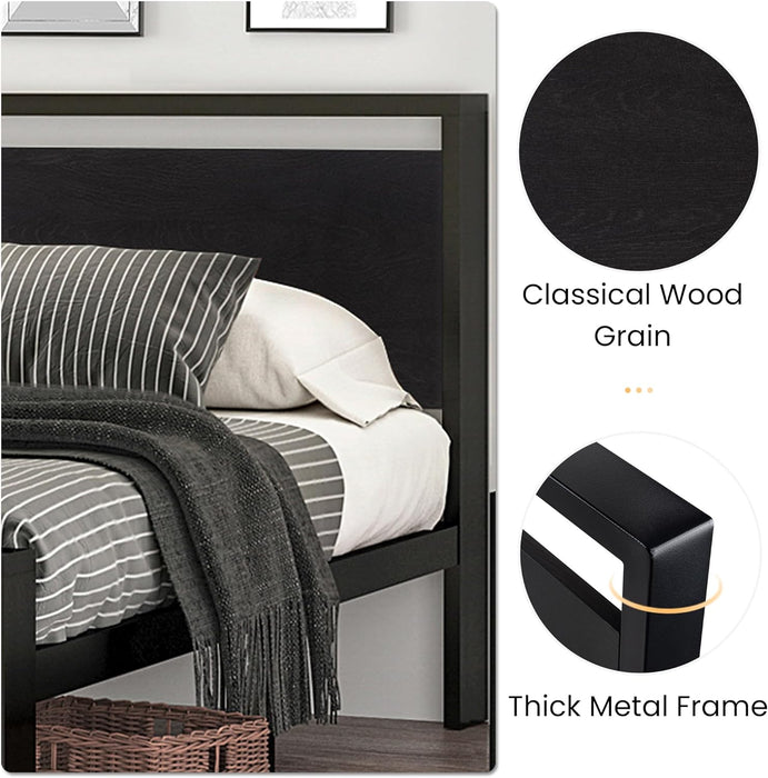 14 Inch Full Size Metal Platform Bed Frame with Wooden Headboard and Footboard, Mattress Foundation, No Box Spring Needed, Large under Bed Storage, Non-Slip without Noise, Black Oak