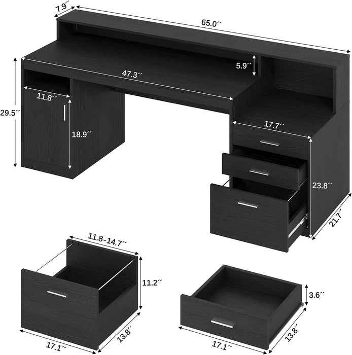 Computer Desk with 3 Drawer & Storage Shelves, Home Office Desk with File Drawer & Cabinet, Writing Study Table with Long Monitor Stand & Printer Shelf, Executive Desk, Black