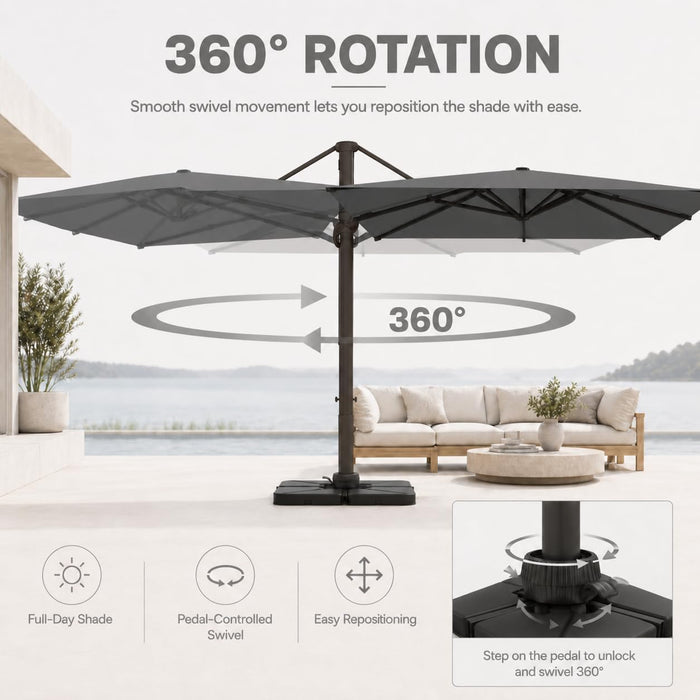 Cantilever Patio Umbrella, Large Square Outdoor Offset Umbrella with Aluminum Pole, 360-Degree Rotation for Garden, Deck, Pool