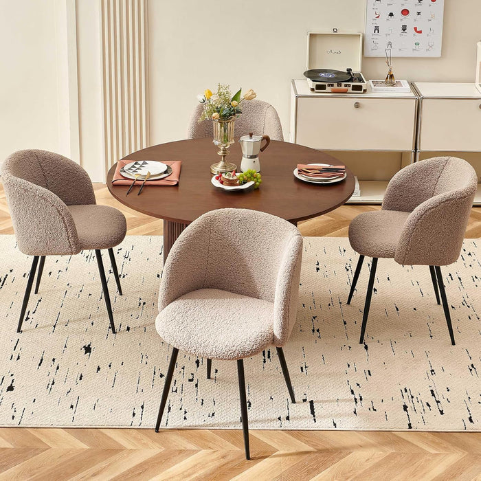 5-Piece Wooden round Dining Room Table and Chair Set, 47-Inch Kitchen Table with Barrel Chairs for 4, Brown Upholstered Sherpa Dining Set, MDF Core with Walnut Finish