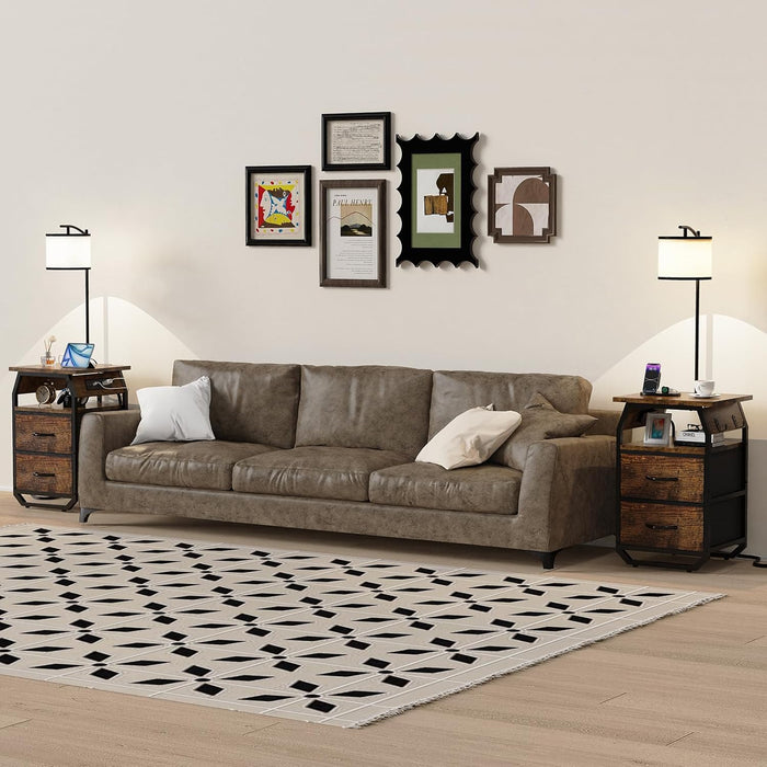 Floor Lamp with Table, End Tables with Lamps Attached 3-Color Temperature Bulb, Side Table with Lamp with 2 Drawers & Charging, Lamps Tables Combo for Bedroom, Dorm, Apartment - Rustic Brown