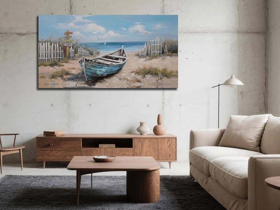 Boat Canvas Wall Art Nautical Art Wall Decor for Living Room, Blue Teal Bedroom Picture Textured Beach Painting Framed Artwork Dining Room Home Office Kitchen, Large 40"X20"