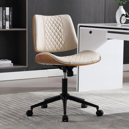 Home Office Chair No Arms with Wheels, Adjustable Height Small Desk Chair, PU Leather Mid Back 360 Swivel Computer Chair, Armless Modern Walnut Chair for Office, Reading Meeting Room(Beige)