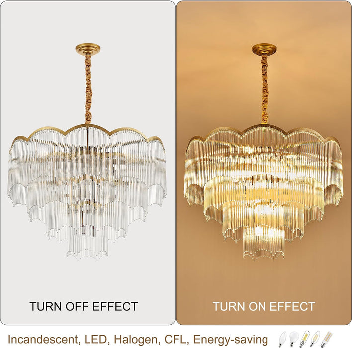 31.5" Gold Clear Glass Crystal Chandelier 18-Light Modern Crystal Pendant Ceiling Light Fixture 4-Tier Luxury Glass Chandeliers,For Dining Room Kitchen Island Living Room Bedroom