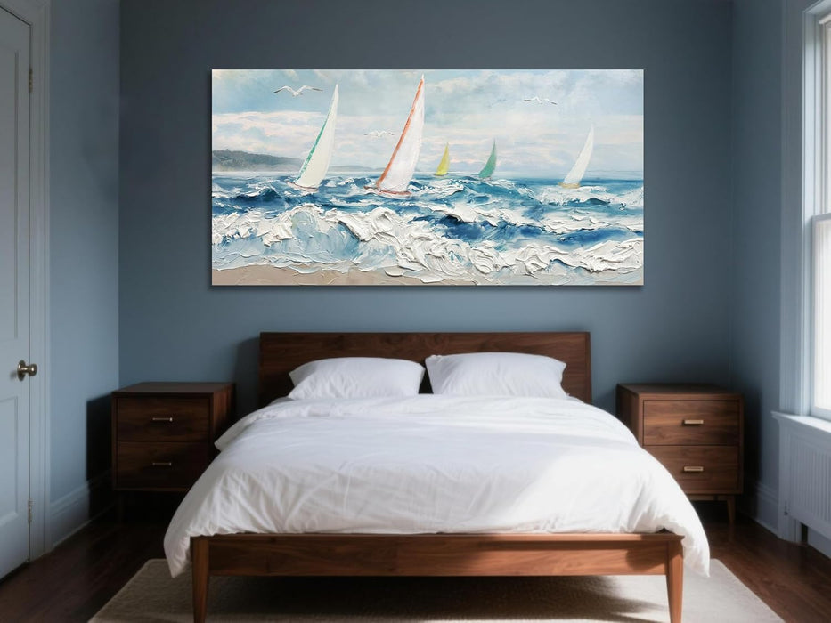 Wave 3D Textured Ocean Wall Art for Living Room Blue Seascape Sailboat Canvas Coastal Painting Artwork for Christmas Gift Bedroom Bathroom Home Office Wall Decor, Large 40"X20"