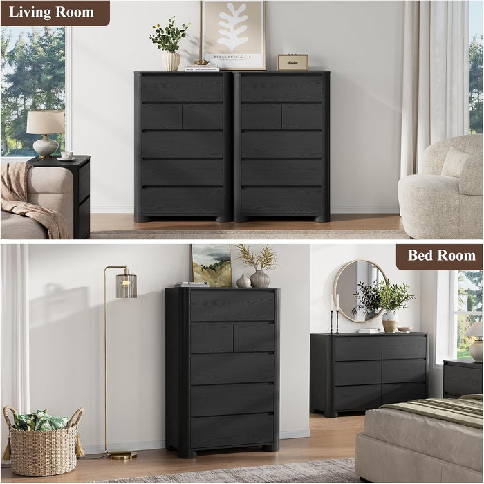 Black Dresser for Bedroom with 6 Drawers, 48" Tall Modern Chest of Drawers with Unique Thickened Foot, Rounded Corner Design, Wooden Dresser Organizer for Bedroom, Living Room, Hallway