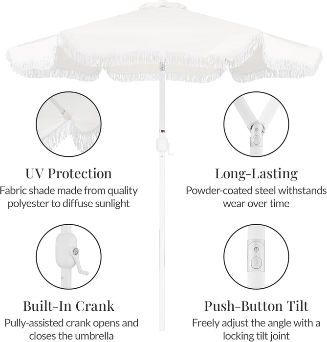 9Ft Fringe Market Patio Umbrella – Outdoor Boho Tassel Sunshade for Table, Pool, Deck, Backyard – UPF50+, Easy Tilt, Heavy Duty Steel Pole & Ribs - White