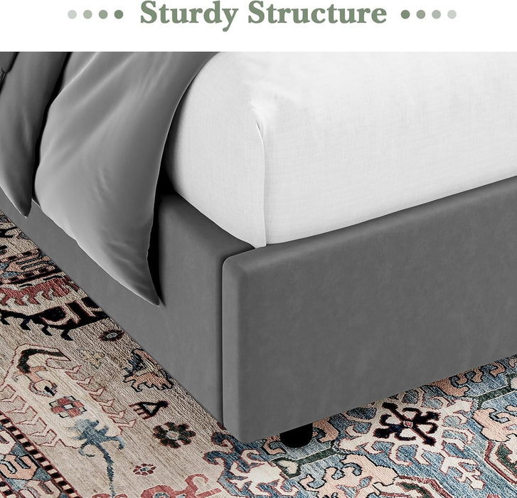 Grey King Bed Frame, Velvet Upholstered Platform Bed Frame with Headboard, Curved Wingback Design, Wooden Slats, No Box Spring, Noise Free, Easy Assembly