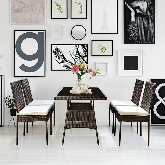 5 Piece Patio Wicker Dining Set, Outdoor Rattan Table and Chairs with W/Tempered Glass Table Top & Padded Cushions, Wicker Patio Conversation Furniture Set for Balcony Patio Garden Poolside