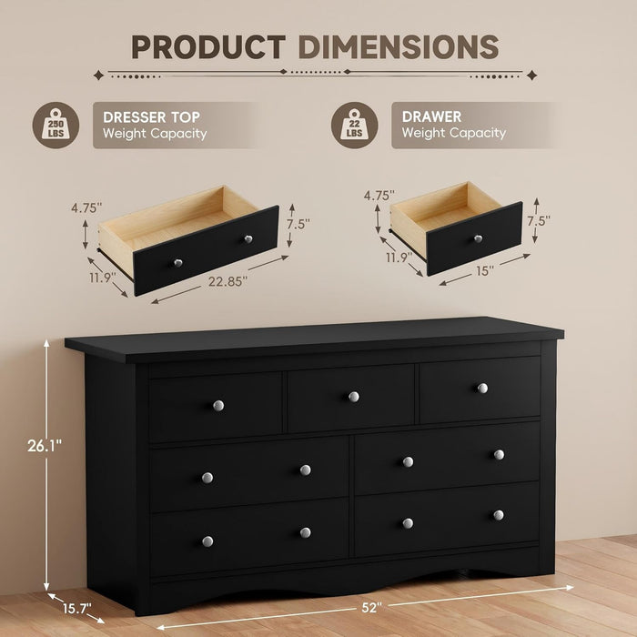 Dresser for Bedroom, 7 Wood Dresser, Chest of Drawers, for TV up to 65 Inch, TV Stand Storage Chest of Drawers for Hallway Entryway (Black)