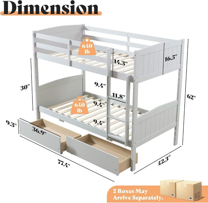 Grey SolidWood Twin Loft Bunk Bed BuiltInStorageDrawers