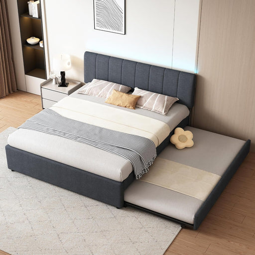 Queen Size Upholstered Platform Bed with Trundle and Usb/Type-C Charging, Linen Fabric Full and Twin Double Bed W/Led Lights with APP for Bedroom,Dark Gray