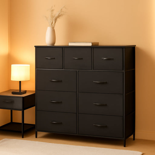 Dresser for Bedroom, Storage Organizer with 9 Drawers, Chest of Drawers with Fabric Bins, Sturdy Metal Frame, Wood Tabletop for Guest Room, Closet, Entryway, Nursery