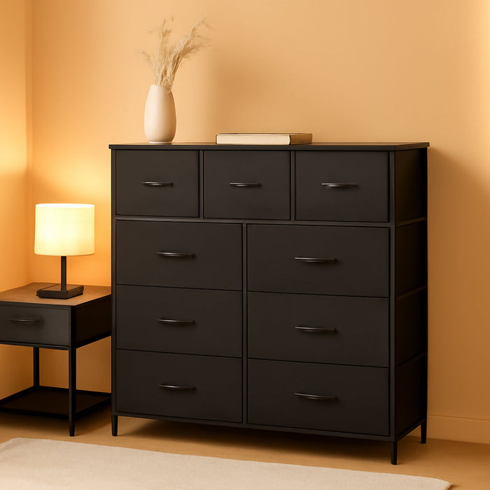 Dresser for Bedroom, Storage Organizer with 9 Drawers, Chest of Drawers with Fabric Bins, Sturdy Metal Frame, Wood Tabletop for Guest Room, Closet, Entryway, Nursery