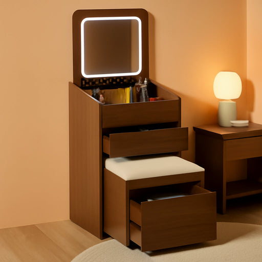 3 in 1 Vanity Desk with Mirror and Lights,Small Make up Vanity Set with Visible Glass Desktop,Compact Makeup Vanity with 3 Drawers & Stool, Dressing Table for Bedroom (Walnut, 18.9" L)