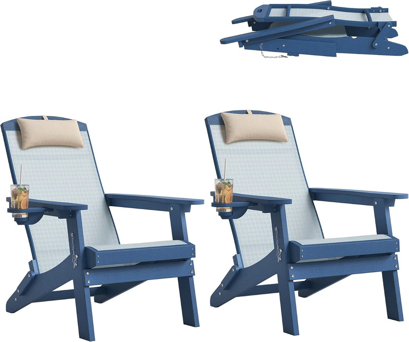 Folding Adirondack Chairs Set of 2, HDPE and Woven Mesh, Blue