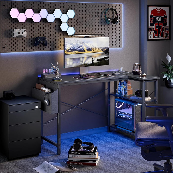 L Shaped Computer Desk with Power Outlets, 55 Inch Small Corner Desk with Reversible Shelves, Gaming Desk Computer Table Study Writing Table for Home Office Bedroom Small Space, Black