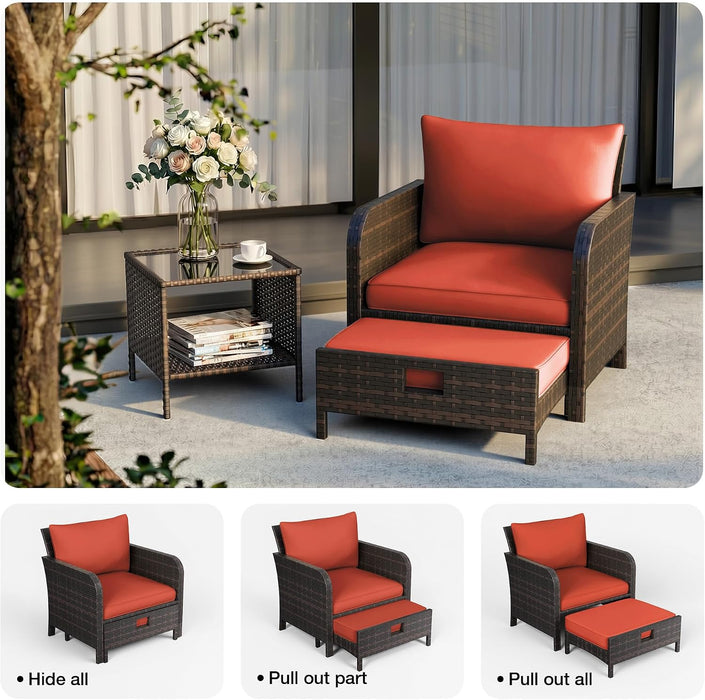 Patio Conversation Set 5 Piece, Balcony Furniture Outdoor PE Rattan Wicker Lounge Chairs with Soft Cushions, 2 Ottomans & Glass Table for Porch Lawn, Brown (Orange Red Cushions