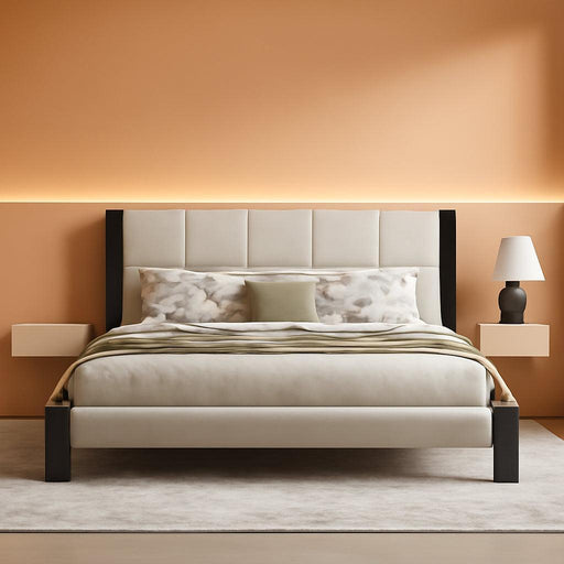 King Size Boucle Bed Frame with Square-Stitched Upholstered Headboard, Solid Wood Platform with Wood Slats, No Box Spring Needed, Beige and Black, Easy Assembly