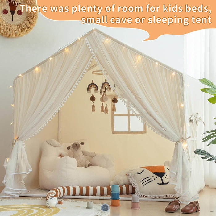 Kids Play Tent with Padded Mat, Kids Tents Indoor Playhouse for Toddler, Large Princess Castle Pompoms Play House Tent for Girl Bed Tents Toys for Boys Girl Birthday House Gift