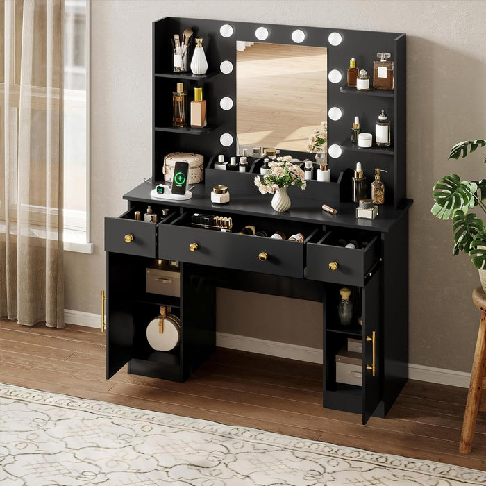 Vanity Desk with Mirror and Lights, Makeup Vanity with Mirror and LED Lights & Power Outlet, 3 Drawers and Cabinets, 3 Lighting Modes Dressing Table Set for Girls Women Bedroom,Black