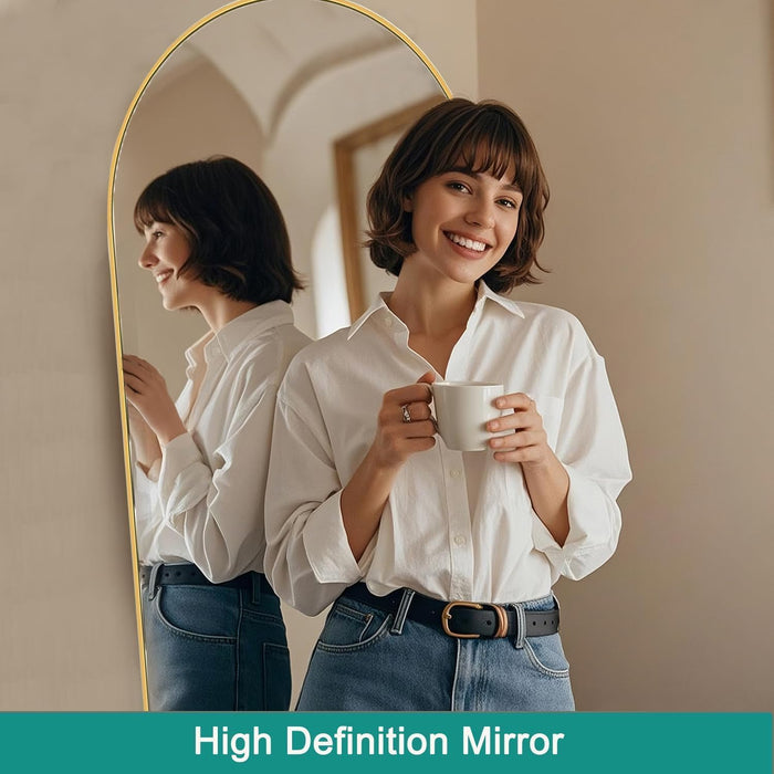 Full Length Mirror, 71''X30'' Floor Mirror with Stand, Arched Wall Mounted Mirror, Large Full Body Mirror with Aluminum Frame Hanging or Leaning for Bedroom, Living Room, Cloakroom (Gold)