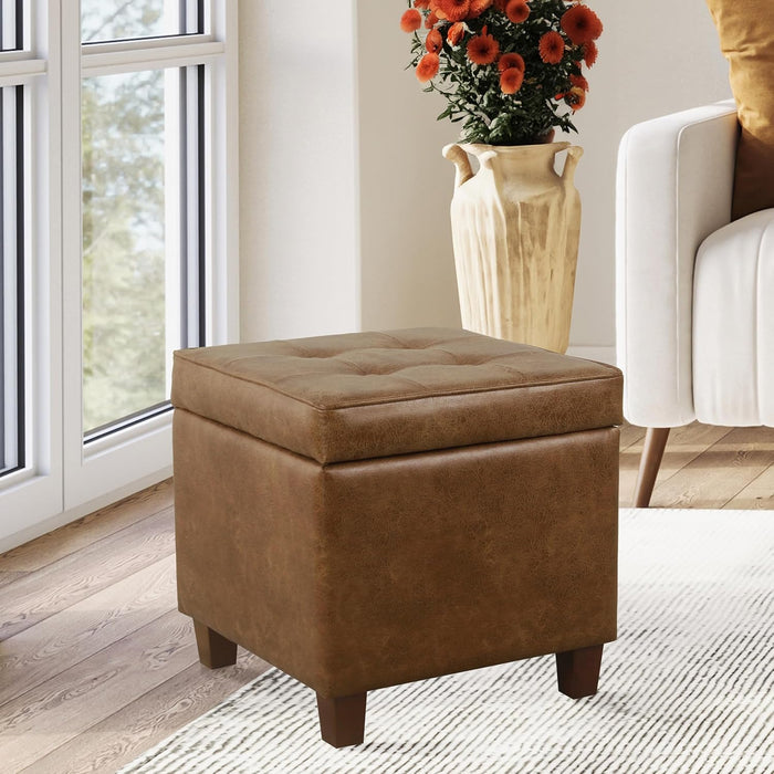 Square Tufted Storage Ottoman - Distressed Brown Faux Leather Small