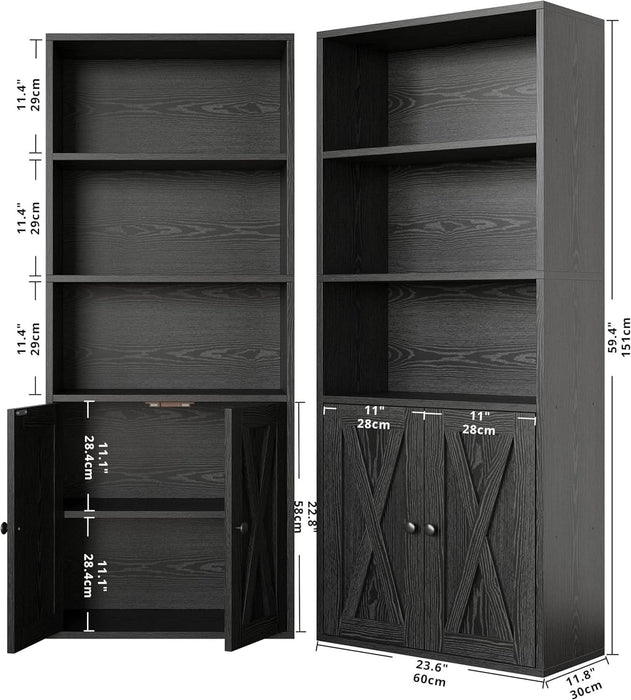 Industrial Bookshelves and Bookcases with Doors 11.8 in Depth Set of 2 Floor Standing 5 Shelf Display Storage Shelves Bookcase Home Decor Furniture for Home, Office, Living Room, Bedroom