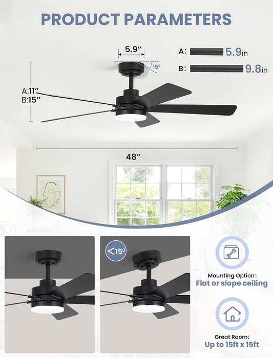 48 Inch Ceiling Fans with Lights and Remote, Downrod Mount, Sloped Ceiling Compatible up to 15°, Quiet Reversible DC Motor, 3CCT Dimmable LED, Black Ceiling Fan for Bedroom Living Room