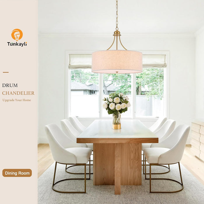 21.8" Large Drum Chandelier, 6-Light Gold Linen Light Fixture