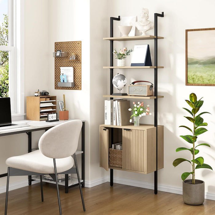 73" Tall Bookshelf with Cabinet, Industrial Ladder Wall Mount Shelf Bookcase with Wood and Metal Frame, Plant Shelf Wall Storage Display for Living Room Bedroom, Wavy Light Ivory