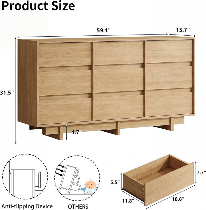 Oak Dresser for Bedroom, 59In Modern 9 Drawer Chest of Drawers