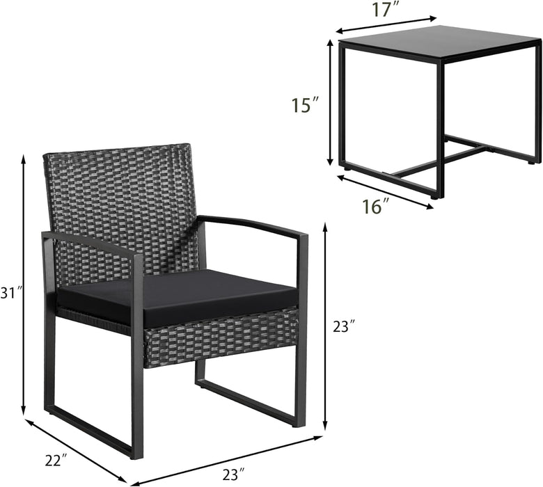 3 Piece Wicker Conversation Bistro Sets Outdoor Patio Set Modern Rattan Chair Furniture Sets with Coffee Table for Yard Garden Porch Lawn (Black)