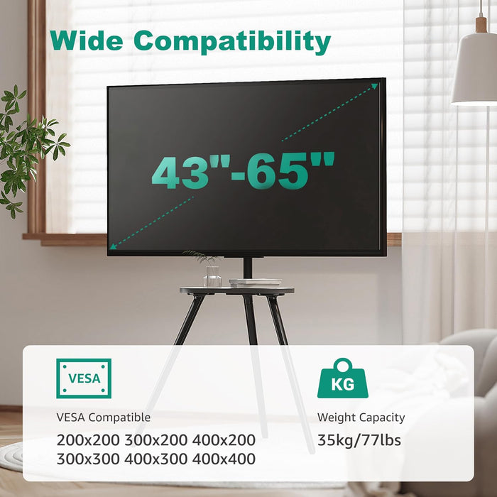 Tripod Easel TV Stand for 43 to 65 Inch LCD Led Screen, Height Adjustable and Swievel TV Stand, Portable TV Floor Stand with Wooden Tray for Bedroom, Living Room, Studio, Metal Black
