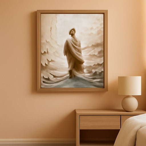 Jesus Walking on Water Wall Art, Frame 3D Textured Hand Drawn Sandstone Christian Wall Decor Paintings, Religious Spiritual Pictures for Living Prayer Room Bedroom 12X16 Inch Wood Framed