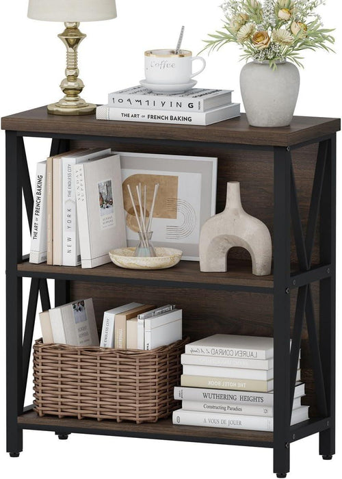 Small Bookshelf, 3 Shelf Bookcase for Living Room, Low Short Bookshelf, Industrial Wood Book Shelf and Rustic Book Case for Small Space, Home Office (Dark Walnut)