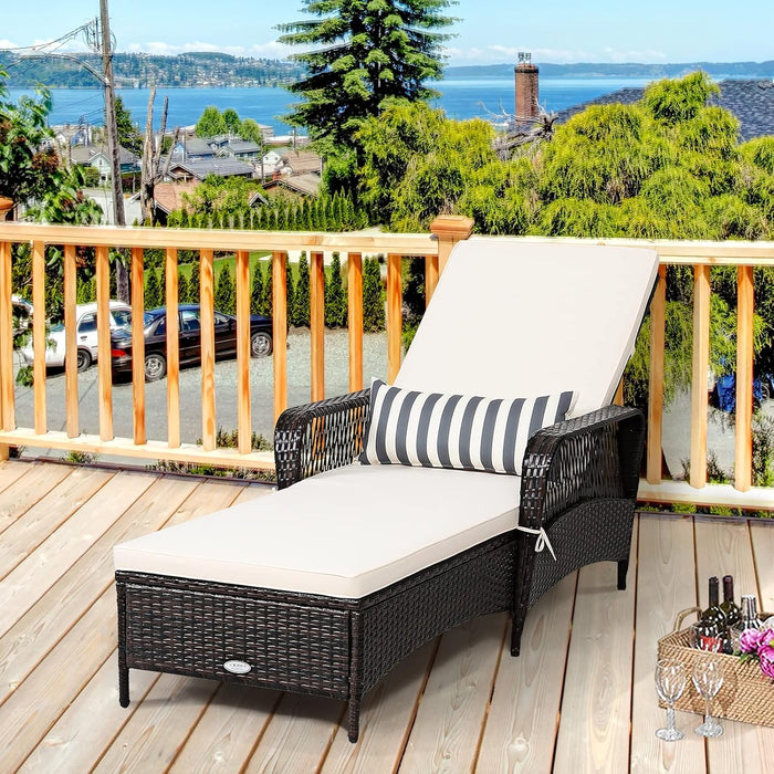 PE Rattan Chaise Lounge Chair, 6 Gear Adjustable Recliner with Armrest & Pillow, Wicker Outdoor Furniture for Deck, Patio (1, Brown)