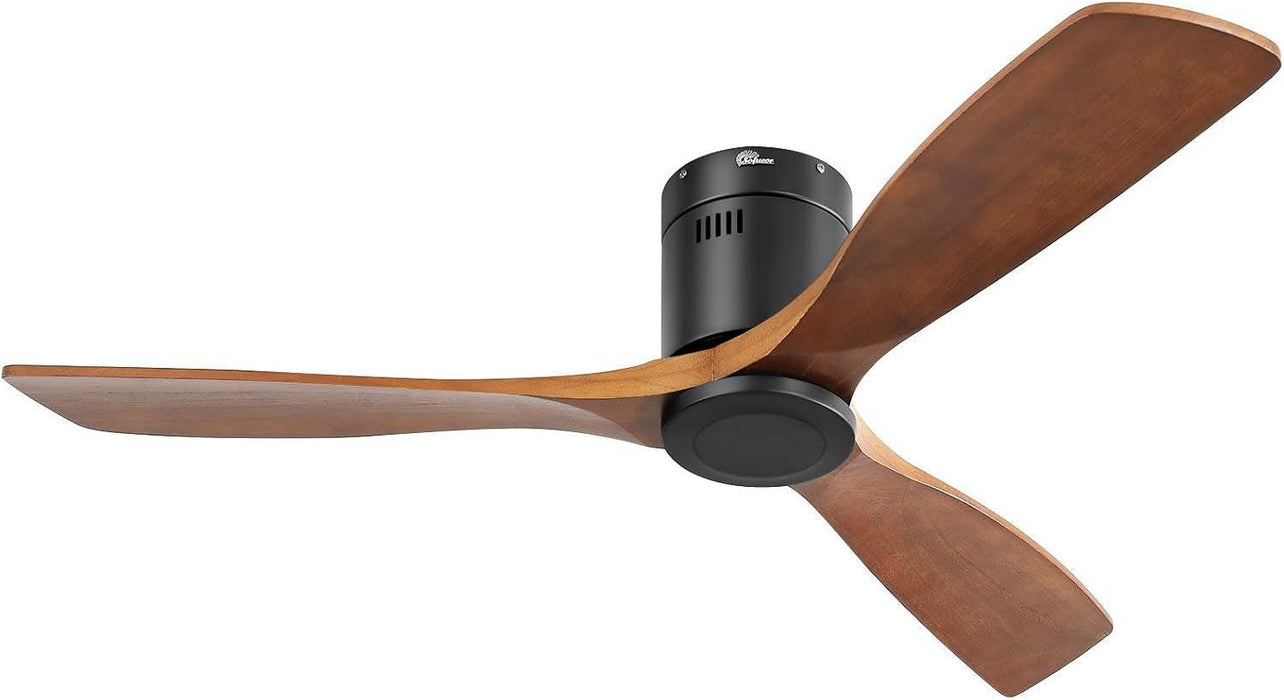 52 Inch Solid Wood Ceiling Fan without Lights Flush Mount Ceiling Fan with Remote Control-Wood Blades Modern Outdoor Ceiling Fans No Light for Bedroom/Farmhouse/Patio/Indoor, Brown Black