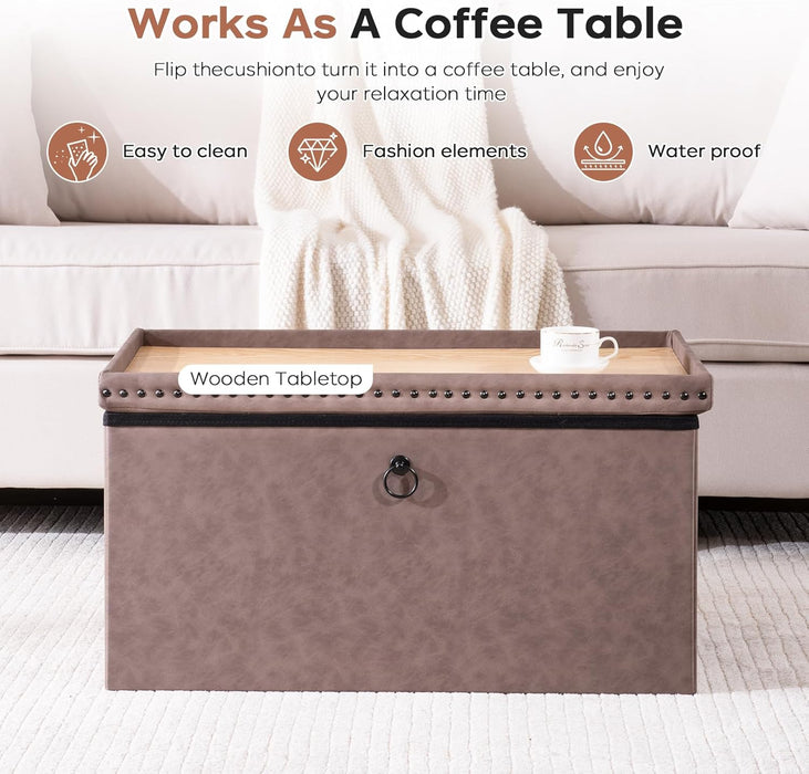 30 Inches Storage Ottoman Bench, Foldable Foot Rest with Rivet Design, 15 X 30 X 15 Inches, End of Bed Bench Footstool, Storage Chest, Load up to 330 Lb, for Living Room, Bedroom, Entryway, Oak Brown