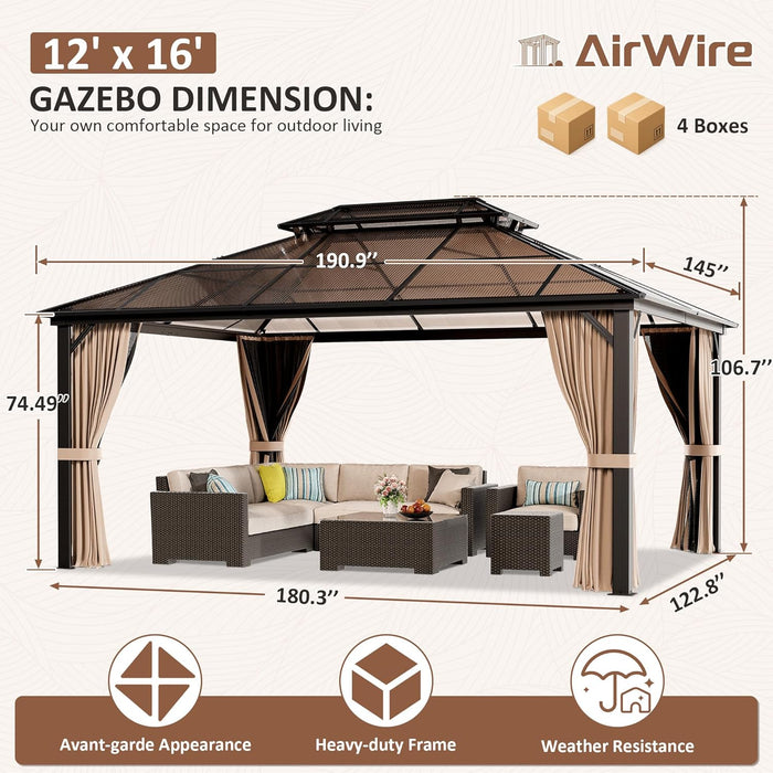 12x16 Brown Gazebo Polycarbonate Roof Aluminum Frame