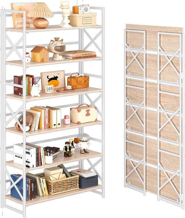 Extra Wide 6 Tiers No Assembly Book Shelves, 61.8" H Folding Bookshelf Bookcase Open Industrial Foldable Shelves for Bedroom, Living Room, Home Office - Natural White