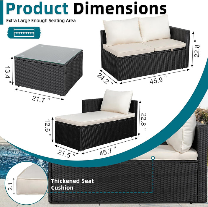 Patio Furniture Set with Detachable Soft Cushions, All Weather Outdoor PE Rattan Patio Conversation Sofa Set, 3-Piece Patio Sectional Sofa with Glass Coffee Table & Ottoman, Black Rattan/White