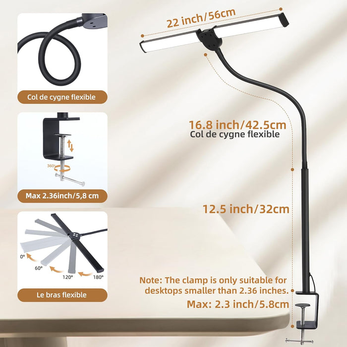 Led Desk Lamp Black AdjustableGooseneck DualHeadClipLamp
