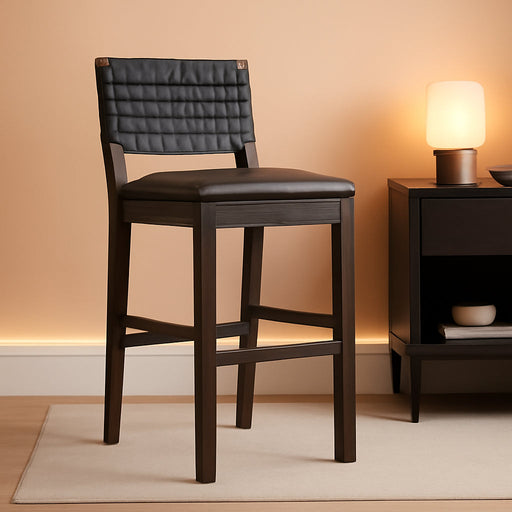 Cohen Mid-Century Modern 29 In. Wood Bar Stool, Upholstered Faux Leather Bar Height Stool with Solid Wood Frame, Black