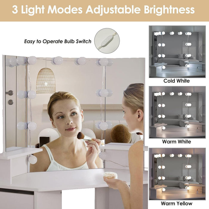 Corner Vanity Desk with Lighted Mirror & Power Strip,White Makeup Vanity Table with Lights,42 Inch Corner Vanity Mirror with Lights and 4 Drawer, 3 Lighting Modes, Brightness Adjustable