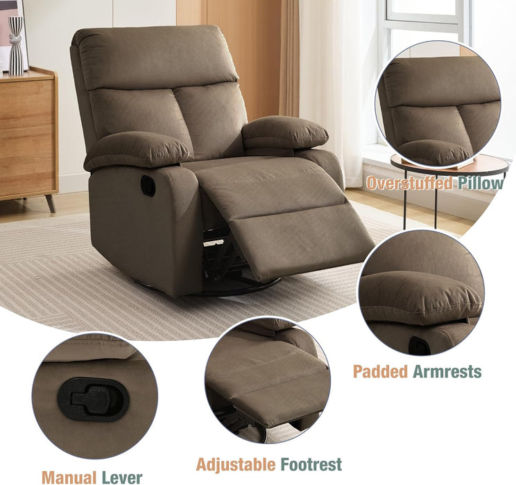 Swivel Rocker Recliner Adults, Rocking Small Recliner Chair for Small Spaces, Small Rocker Recliner Chair for Living Room, RV, Nursery, Bedroom, Light Brown