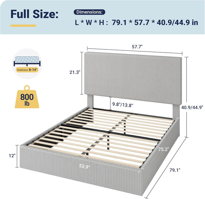 Full Bed Frame, Upholstered Platform Bed, Adjustable Vertical Channel Tufted Headboard, Corduroy Fabric, Modern Low Profile, Wooden Slats, No Box Spring Needed, Easy Assembly, Light Grey