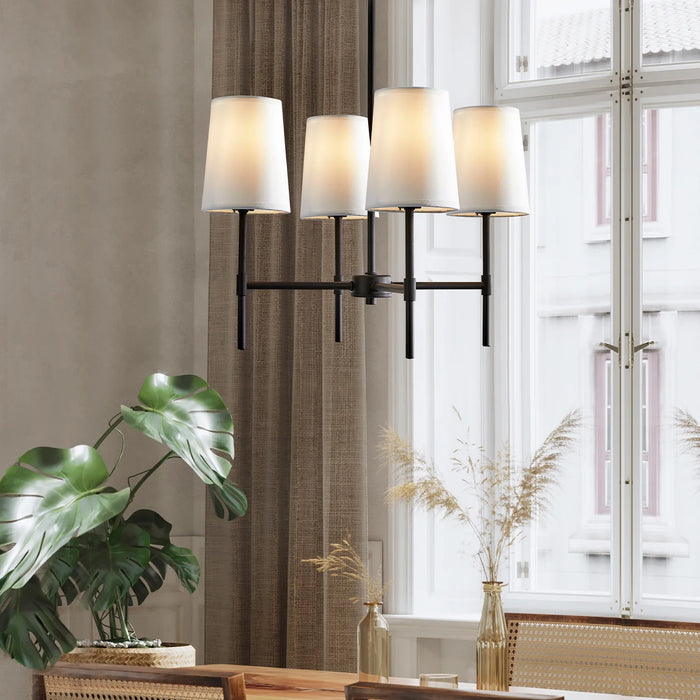 Meadowood 4-Light Chandelier, Matte Black Finish, White Fabric Shades, LED Bulbs Included