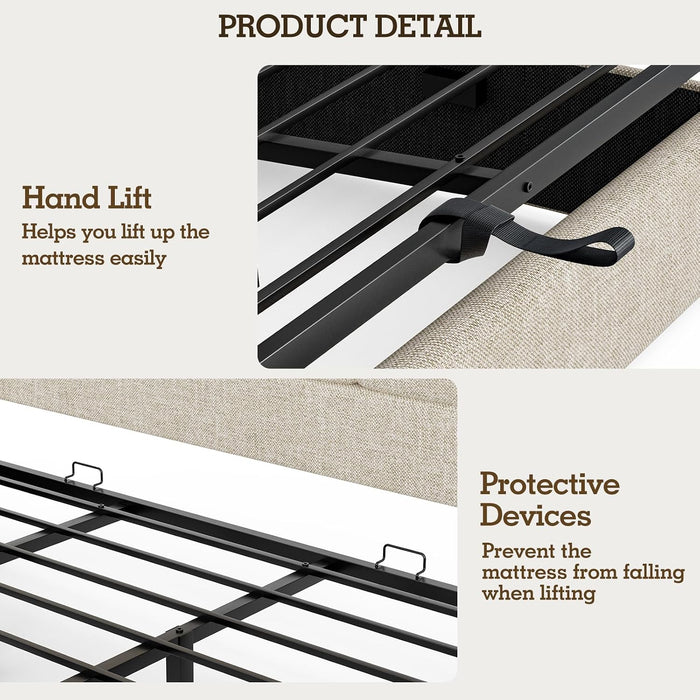 King Bed Frame with Hydraulic Gas Lift up Storage, Linen Upholstered